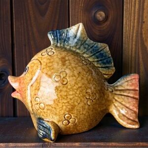 Vintage 70s glazed stoneware fish coin bank, Ceramic Art Cute Collectible RARE